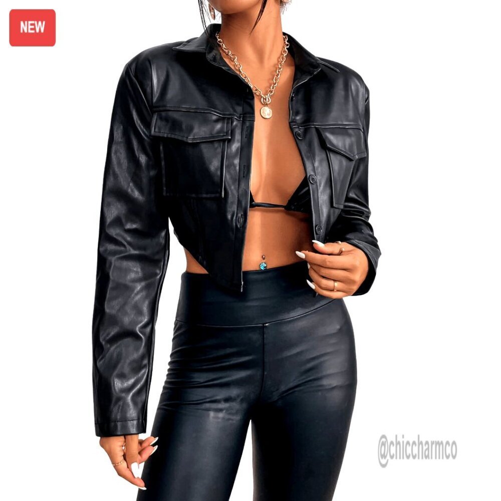 PU Leather Cropped Jacket Button Front Casual Chic Y2K Outerwear Bust Pocket